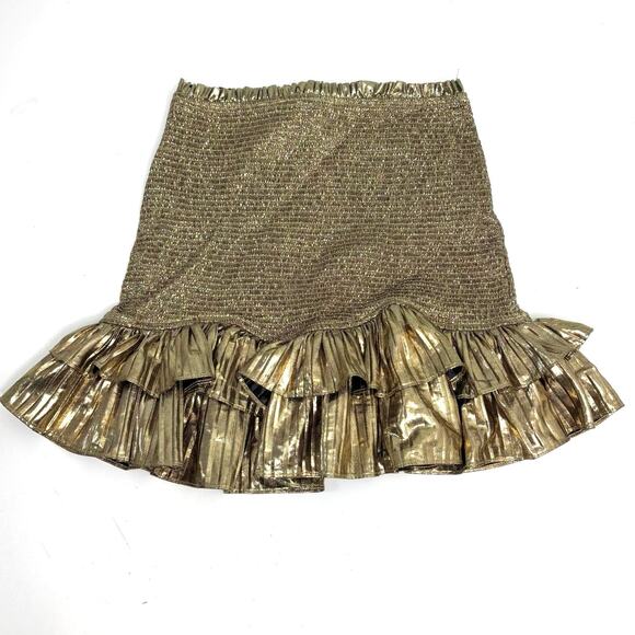 LoveShackFancy Nolita Gold Metallic Smocked Ruffled Mini Skirt S - Picture 1 of 6